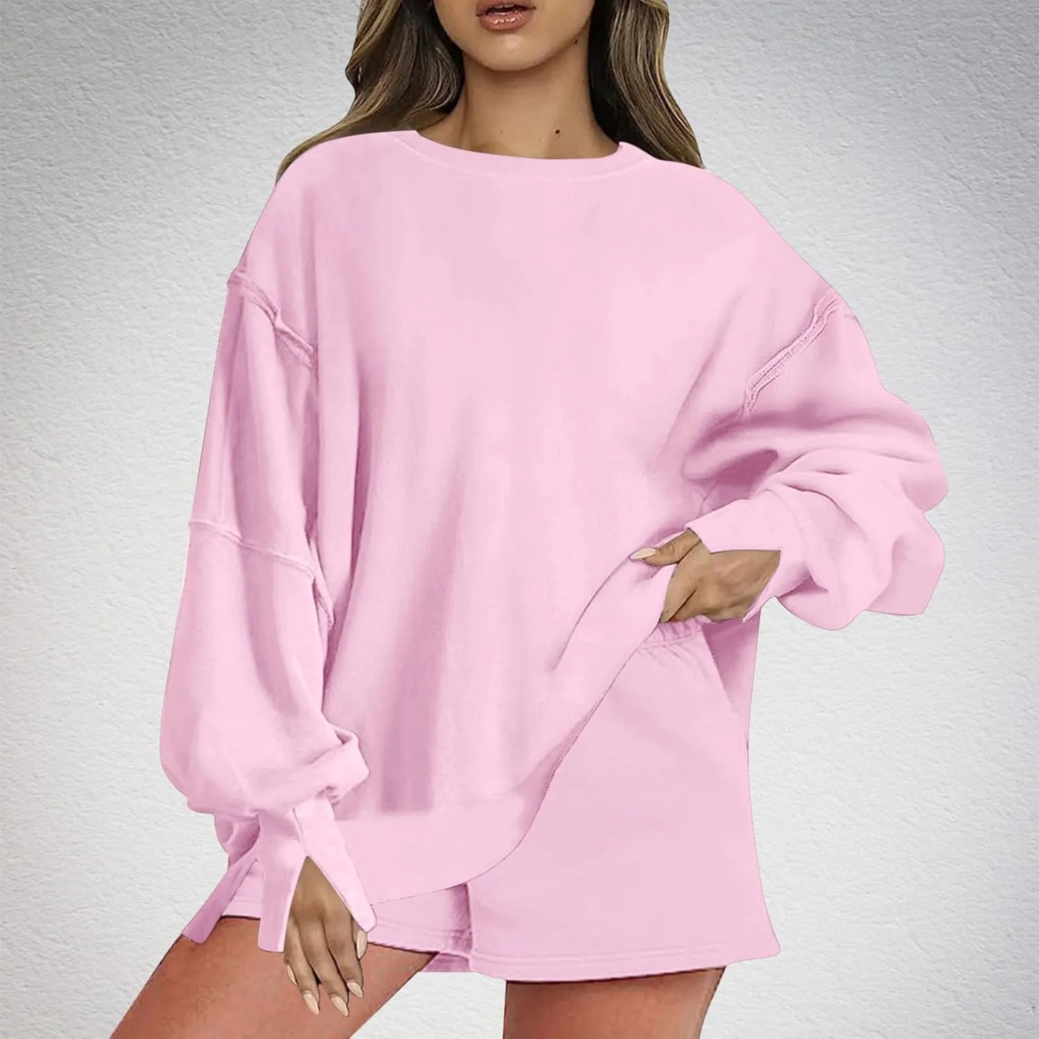 2 Piece Outfits For Women Oversized Crew Neck Sweatshirts And Shorts Tracksuit Set Casual Fall Sweatsuit Lounge Sets
