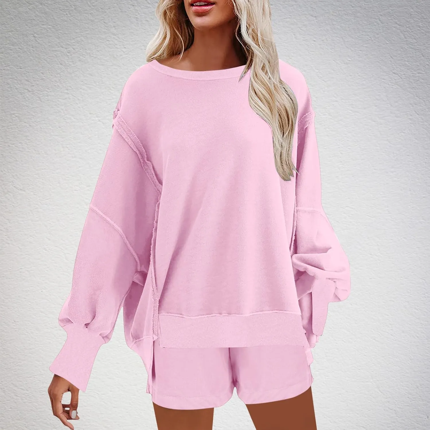 2 Piece Outfits For Women Oversized Crew Neck Sweatshirts And Shorts Tracksuit Set Casual Fall Sweatsuit Lounge Sets