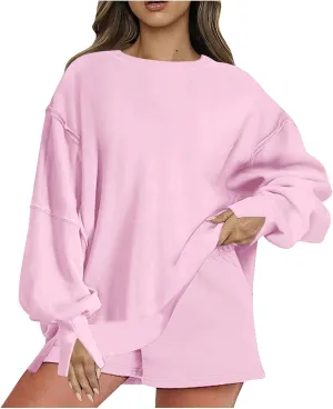 2 Piece Outfits For Women Oversized Crew Neck Sweatshirts And Shorts Tracksuit Set Casual Fall Sweatsuit Lounge Sets