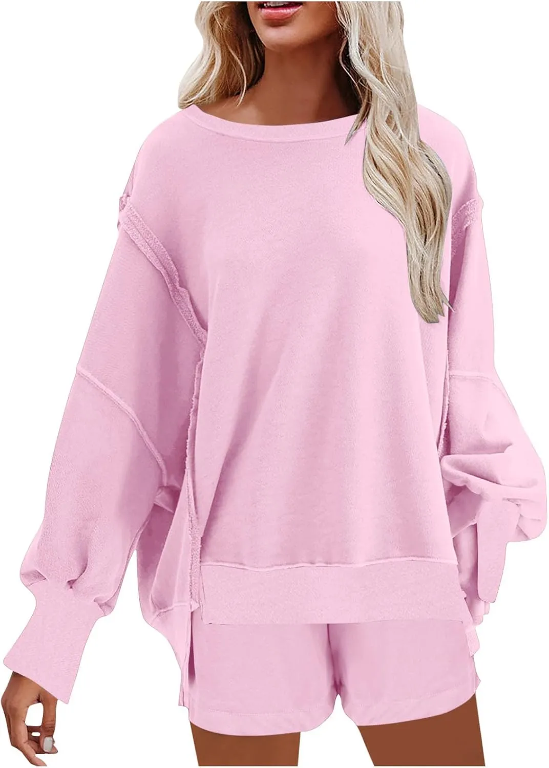 2 Piece Outfits For Women Oversized Crew Neck Sweatshirts And Shorts Tracksuit Set Casual Fall Sweatsuit Lounge Sets