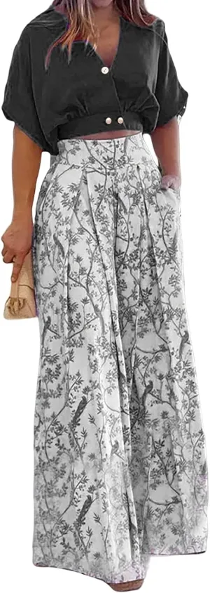 2 Piece Sets for Women Summer V Neck Crop Tops Matching Print High Waisted Wide Leg Pants Business Casual Outfits