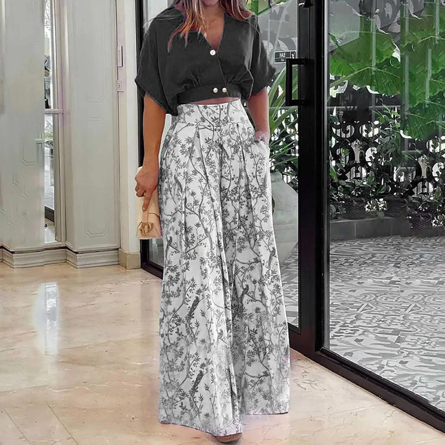 2 Piece Sets for Women Summer V Neck Crop Tops Matching Print High Waisted Wide Leg Pants Business Casual Outfits