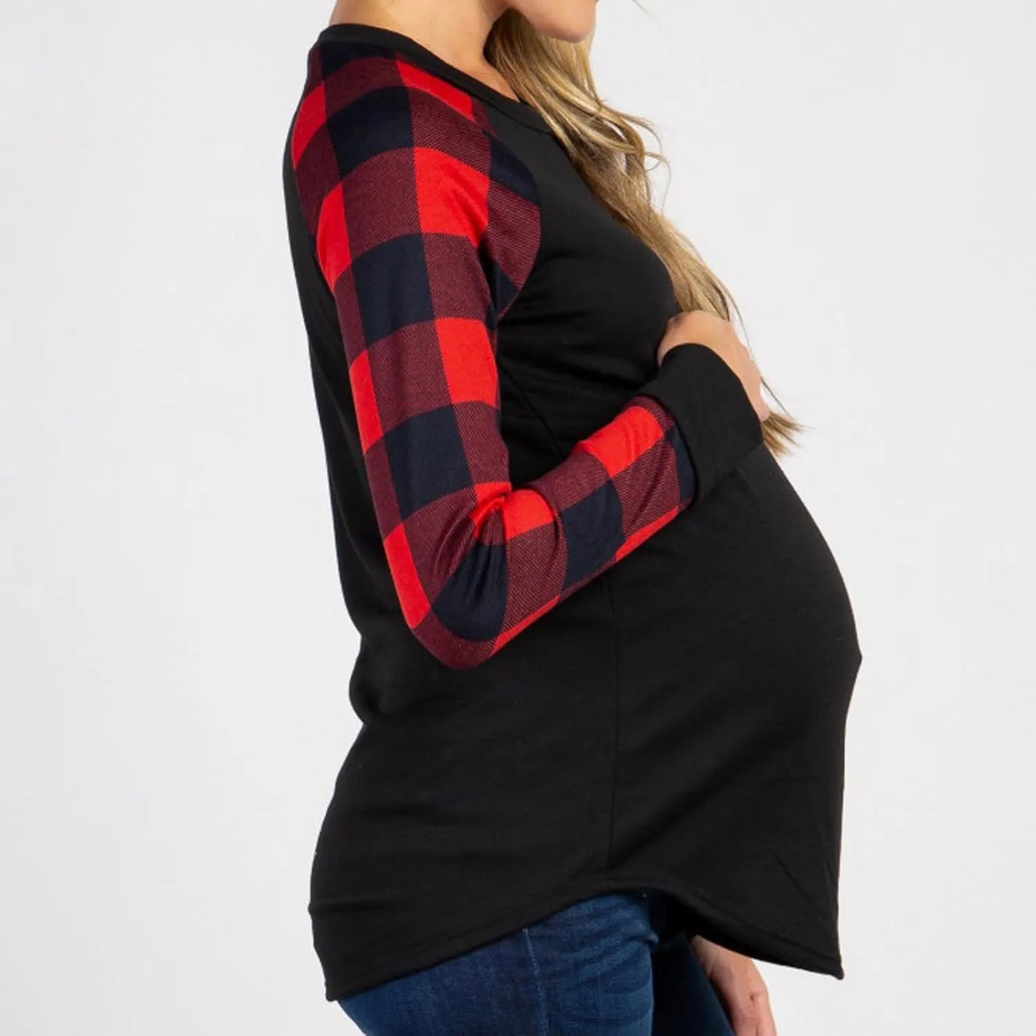 2024 Maternity Shirts for Women Patchwork Long Sleeve Pregnancy Tops Scoop Neck Loose Fit Fall Comfy Blouse Tees