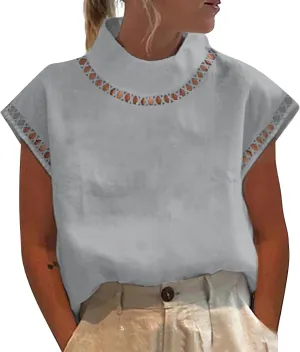 2025 Cotton Linen Tops for Women Summer Casual Cap Sleeve Shirts Loose High Neck Tshirt Teen Girls Dressy Blouses