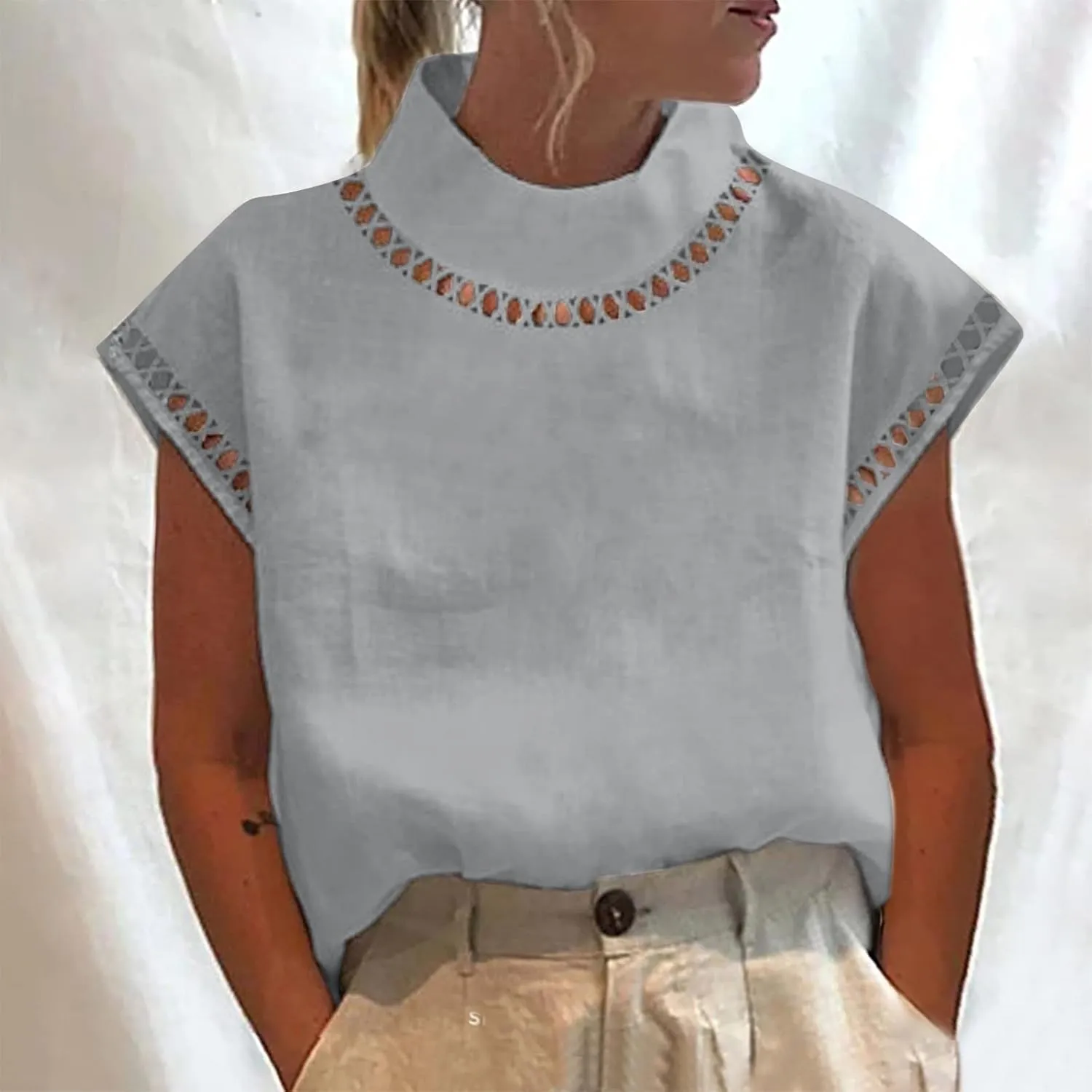 2025 Cotton Linen Tops for Women Summer Casual Cap Sleeve Shirts Loose High Neck Tshirt Teen Girls Dressy Blouses