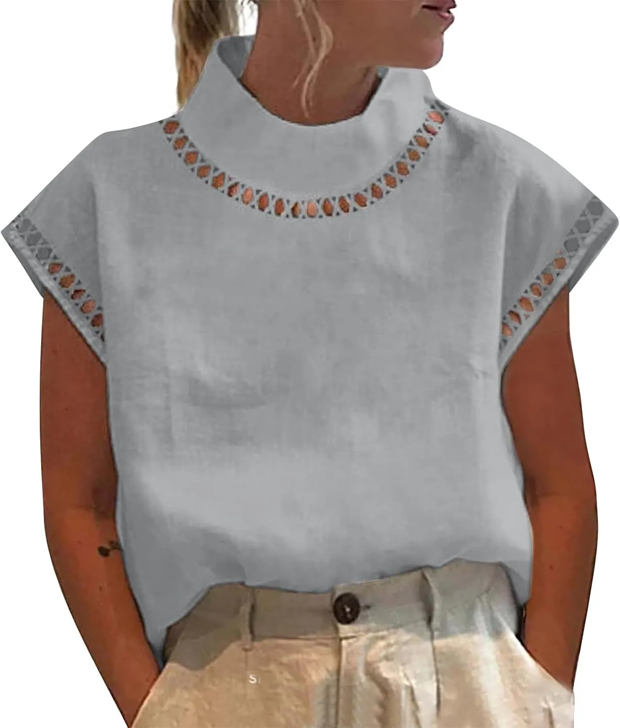 2025 Cotton Linen Tops for Women Summer Casual Cap Sleeve Shirts Loose High Neck Tshirt Teen Girls Dressy Blouses
