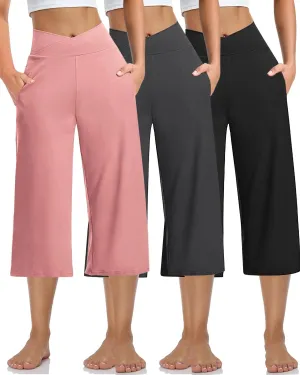 3 PACK Womens Wide Leg Yoga Capris Crossover High Waist Casual Capri Pants Loose Soft Pajama Pockets Sweatpants