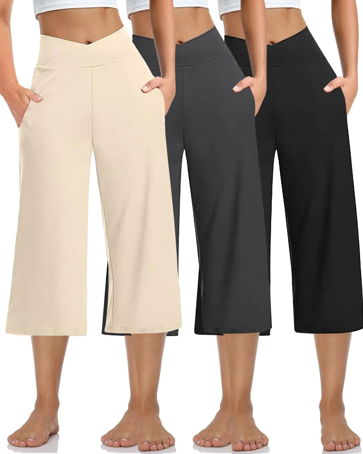 3 PACK Womens Wide Leg Yoga Capris Crossover High Waist Casual Capri Pants Loose Soft Pajama Pockets Sweatpants