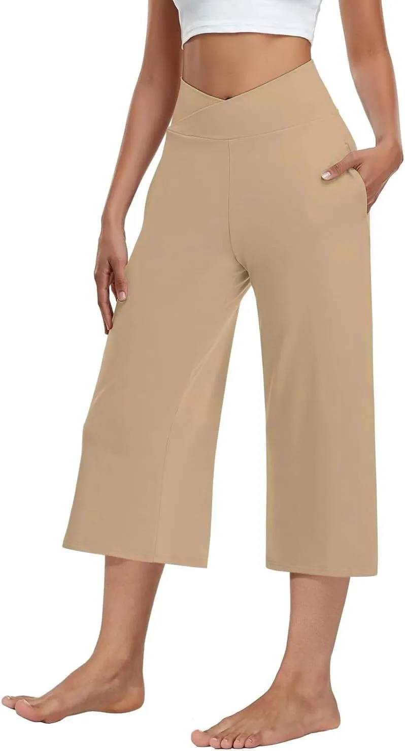 3 PACK Womens Wide Leg Yoga Capris Crossover High Waist Casual Capri Pants Loose Soft Pajama Pockets Sweatpants
