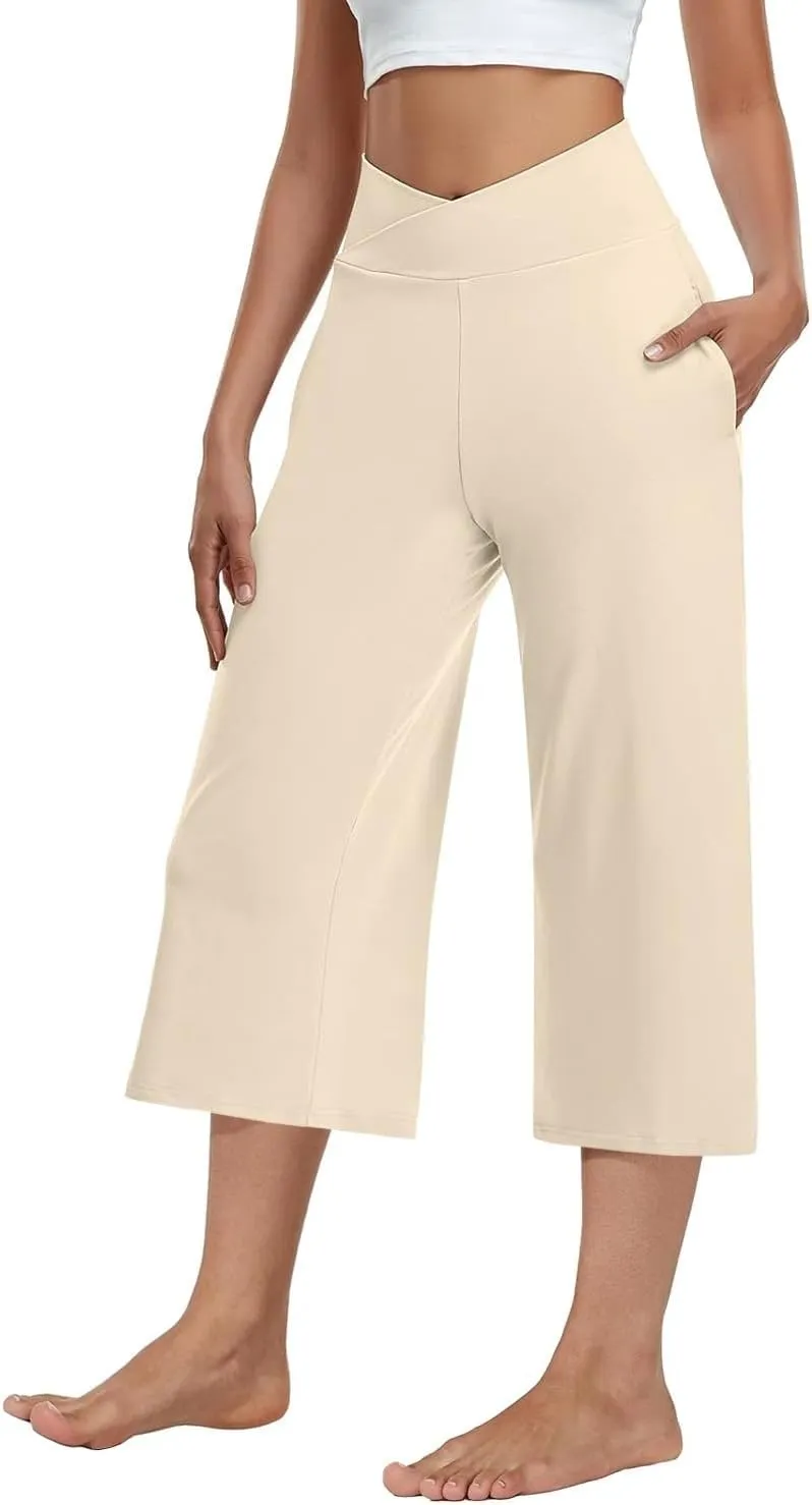 3 PACK Womens Wide Leg Yoga Capris Crossover High Waist Casual Capri Pants Loose Soft Pajama Pockets Sweatpants