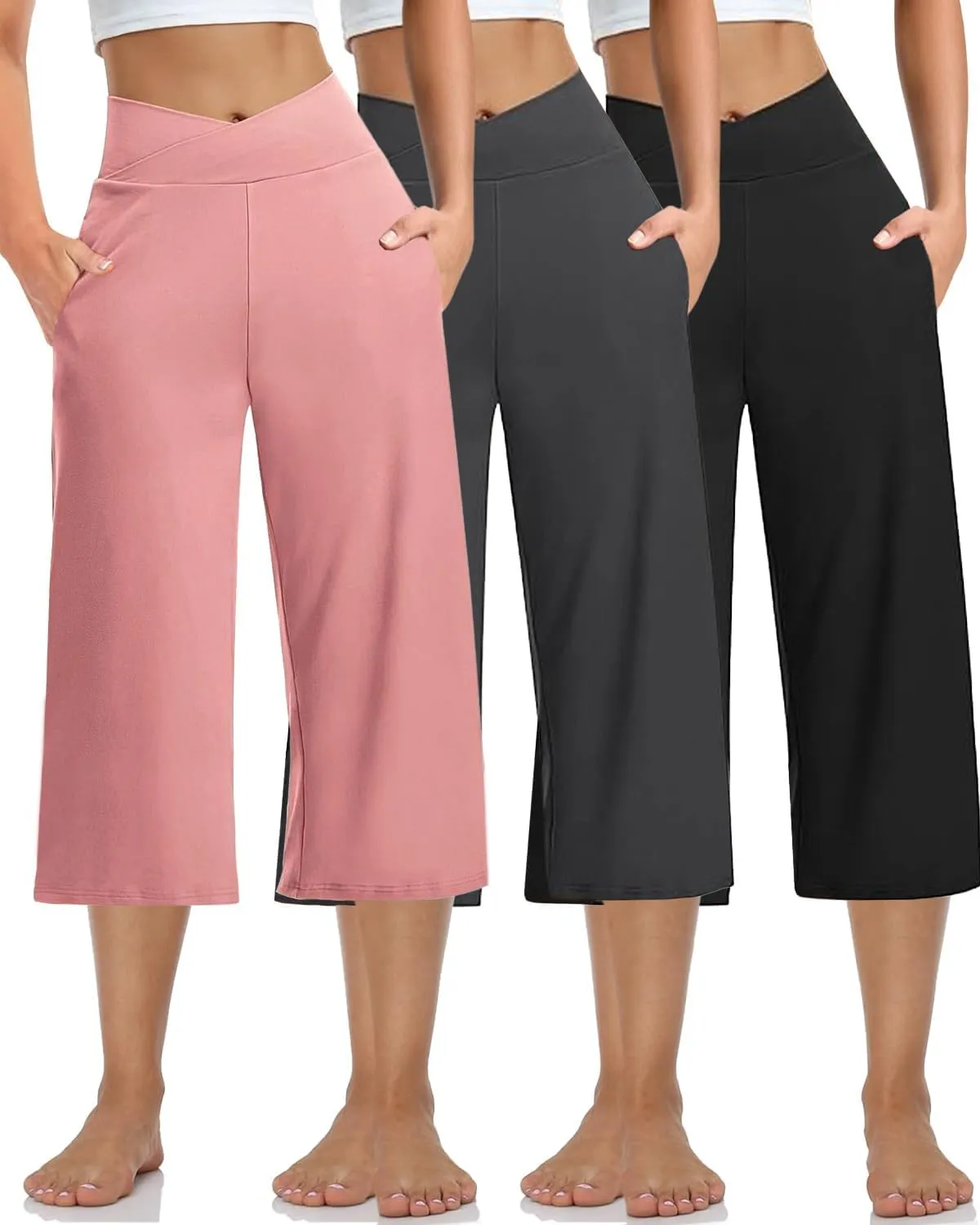 3 PACK Womens Wide Leg Yoga Capris Crossover High Waist Casual Capri Pants Loose Soft Pajama Pockets Sweatpants