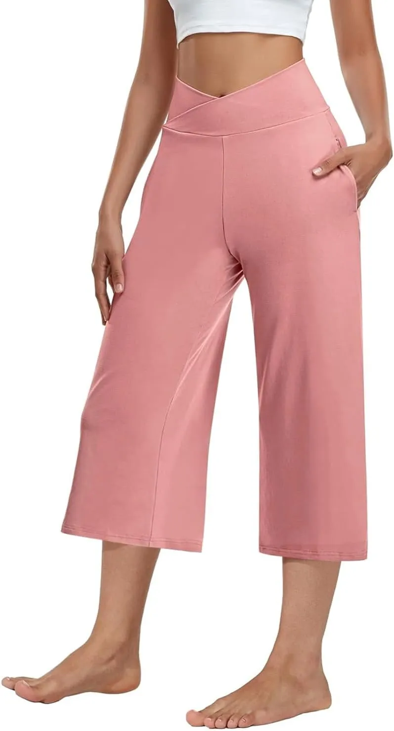 3 PACK Womens Wide Leg Yoga Capris Crossover High Waist Casual Capri Pants Loose Soft Pajama Pockets Sweatpants
