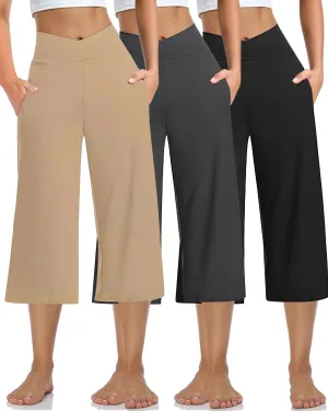 3 PACK Womens Wide Leg Yoga Capris Crossover High Waist Casual Capri Pants Loose Soft Pajama Pockets Sweatpants
