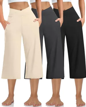 3 PACK Womens Wide Leg Yoga Capris Crossover High Waist Casual Capri Pants Loose Soft Pajama Pockets Sweatpants