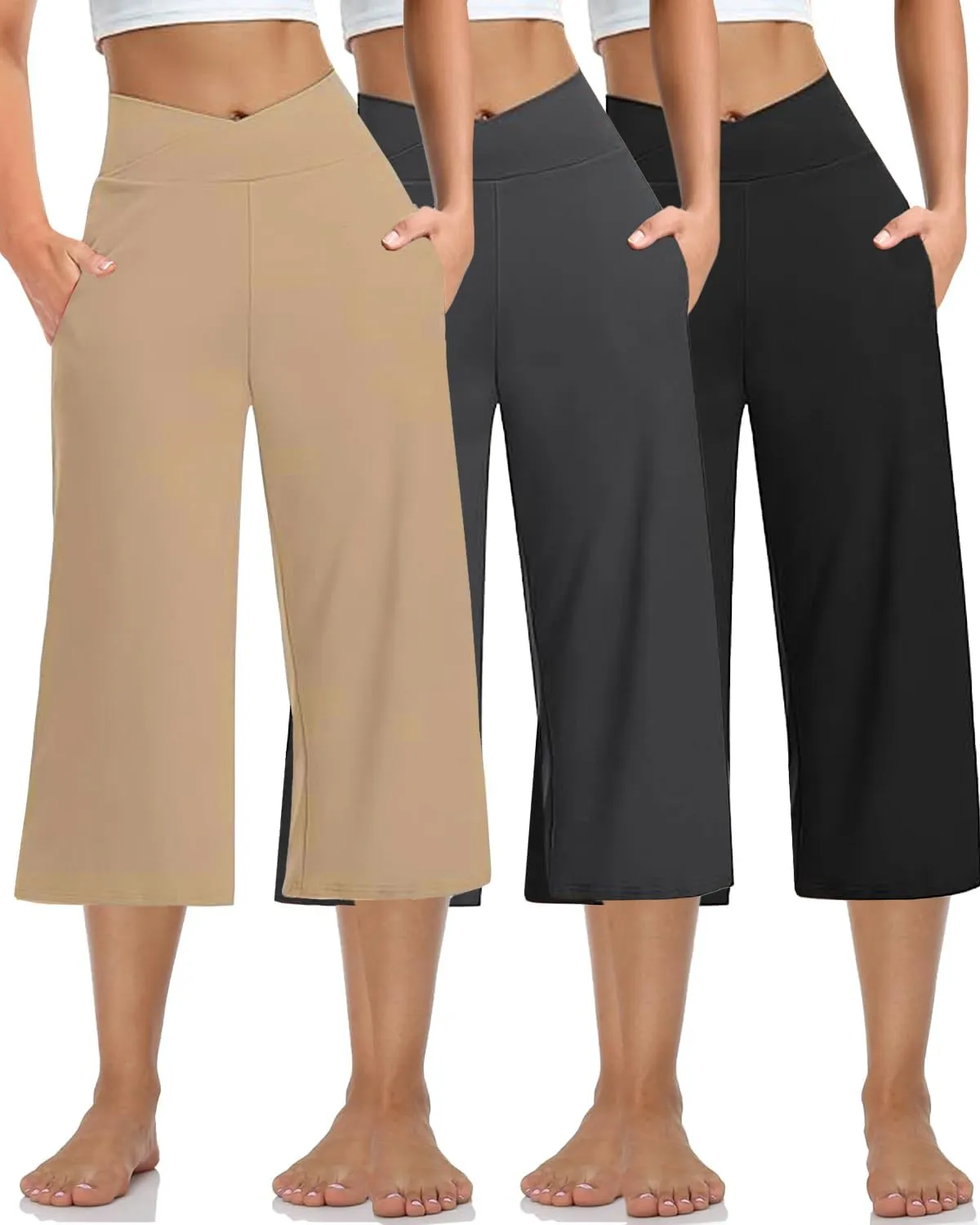 3 PACK Womens Wide Leg Yoga Capris Crossover High Waist Casual Capri Pants Loose Soft Pajama Pockets Sweatpants