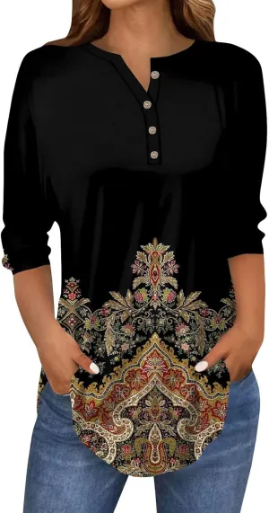 3/4 Length Sleeve Womens Tops Dressy Casual Henley Neck Button Down Shirts Floral Blouses Summer Tops Tunic Top