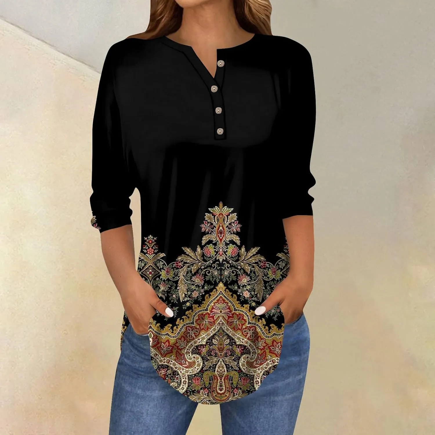 3/4 Length Sleeve Womens Tops Dressy Casual Henley Neck Button Down Shirts Floral Blouses Summer Tops Tunic Top
