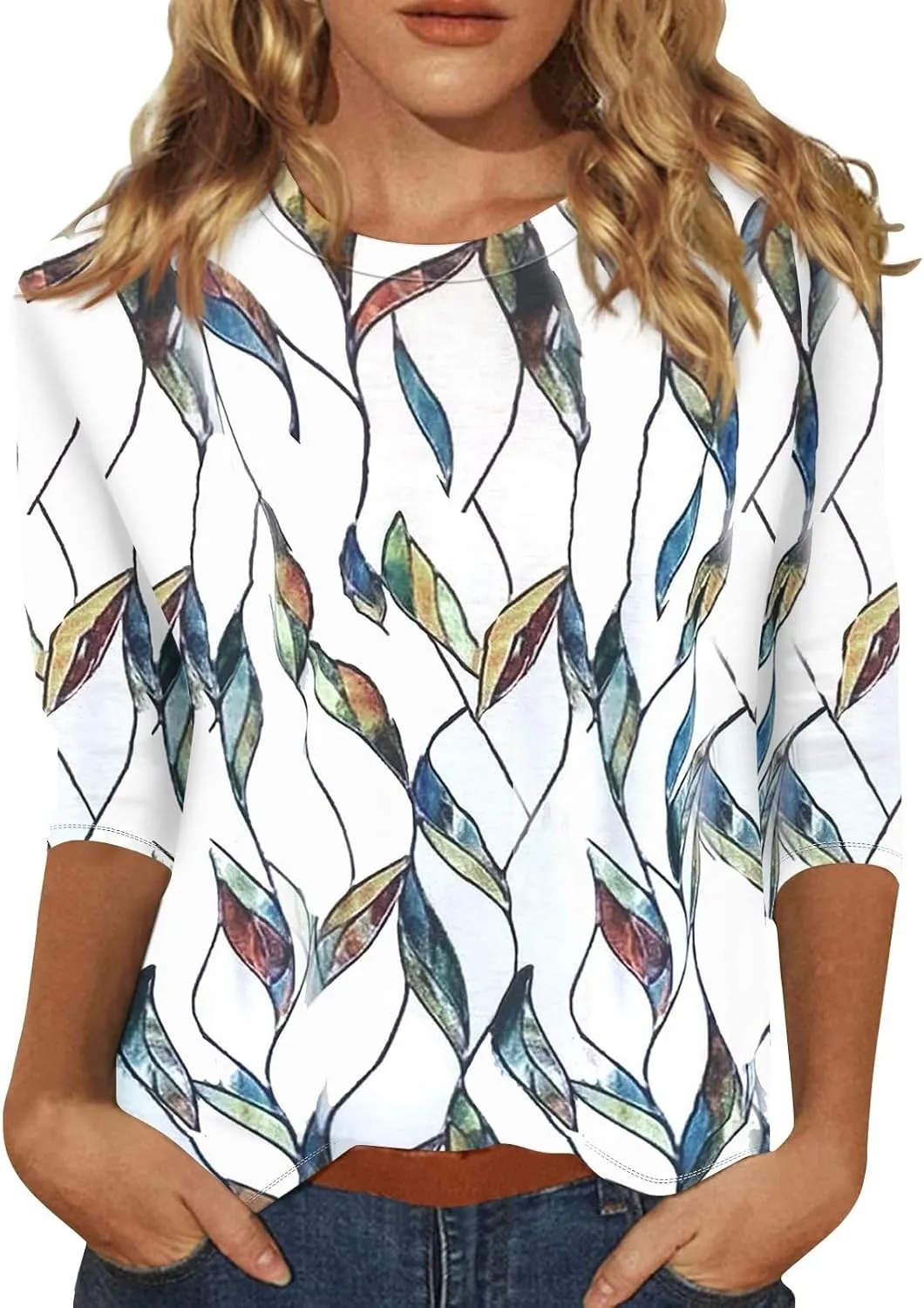 3/4 Length Sleeve Womens Tops Trendy Boho Floral Print Tunic Tops Dressy Casual Round Neck Loose Blouse