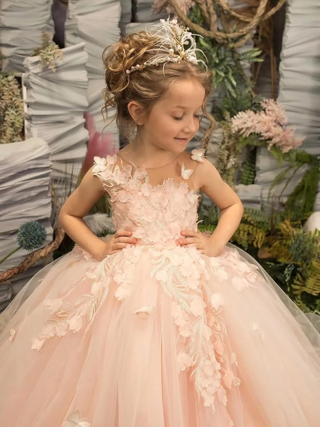 3D Butterfly Flower Girl Dress Appliques Tulle Communion Party Princess Wedding Pageant Ball Gown Dress