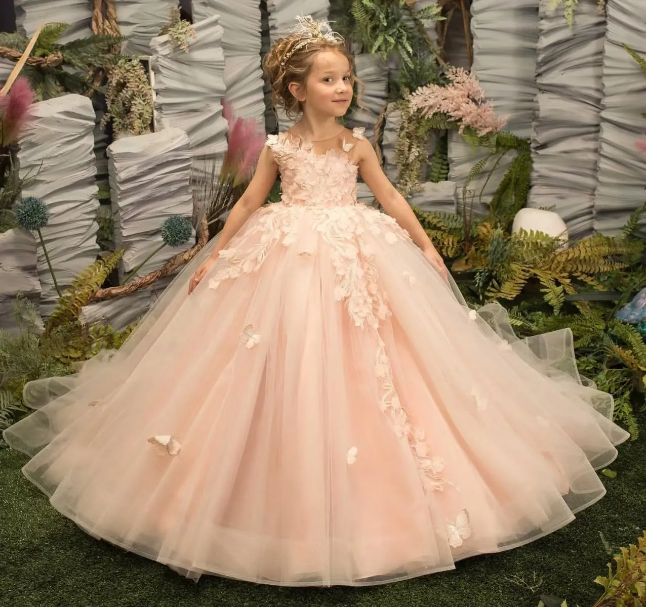 3D Butterfly Flower Girl Dress Appliques Tulle Communion Party Princess Wedding Pageant Ball Gown Dress