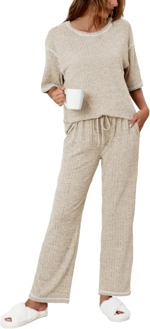 Anbech Womens 2 Piece Lounge Sets Ribbed Knit Pajama Short Sleeve Top and Long Pants Matching Outfits