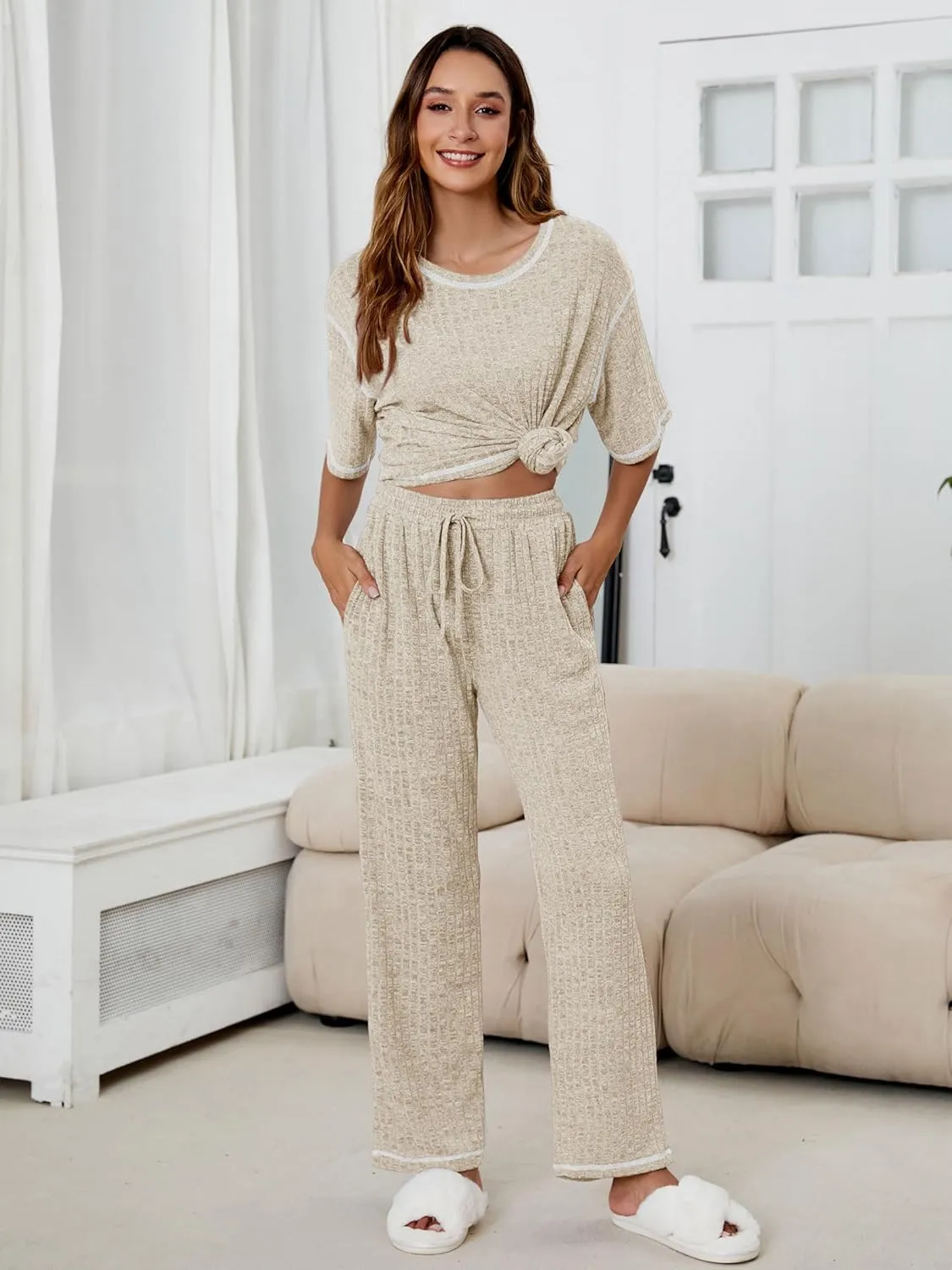Anbech Womens 2 Piece Lounge Sets Ribbed Knit Pajama Short Sleeve Top and Long Pants Matching Outfits