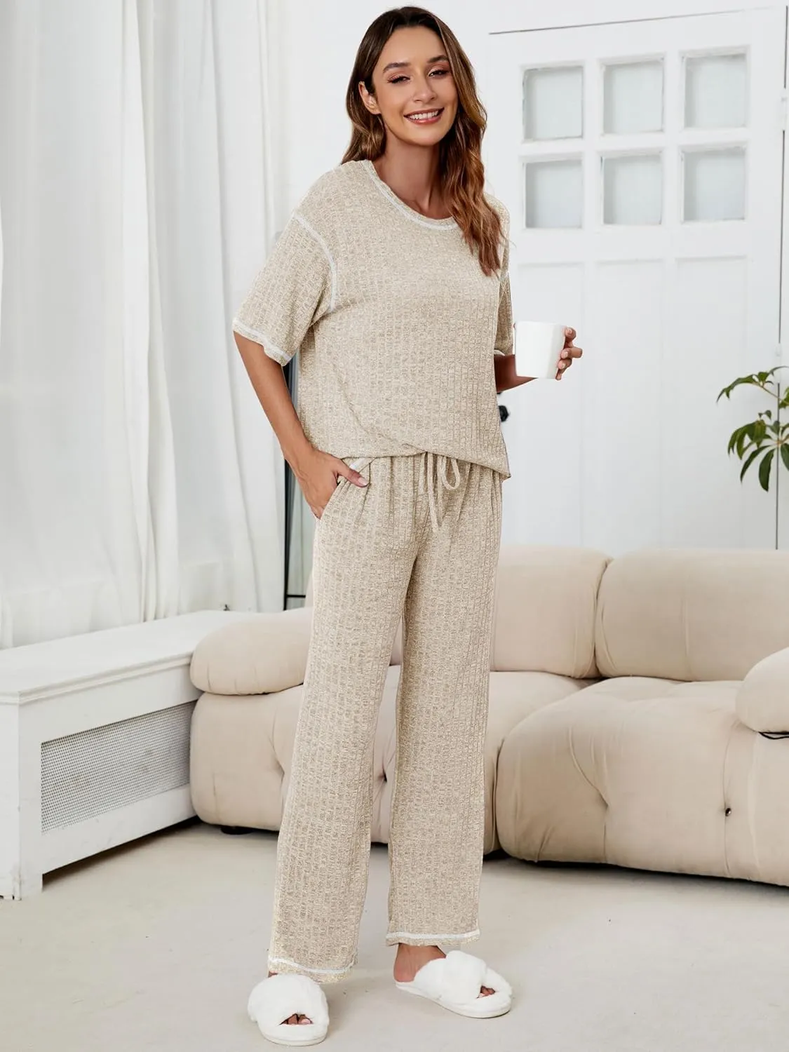 Anbech Womens 2 Piece Lounge Sets Ribbed Knit Pajama Short Sleeve Top and Long Pants Matching Outfits