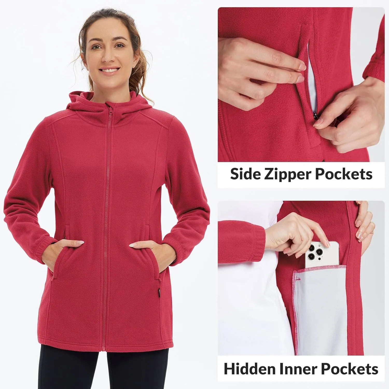baleaf Women's Long Fleece Jacket Full Zip Polar Fleece Hoodie Soft Lightweight Winter Coat