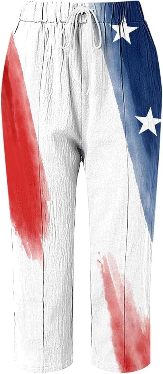 Beach Pants for Women Pants Drawstring Capri Pants with Pockets Wide Leg Cropped Pants for Women Loose Pants for