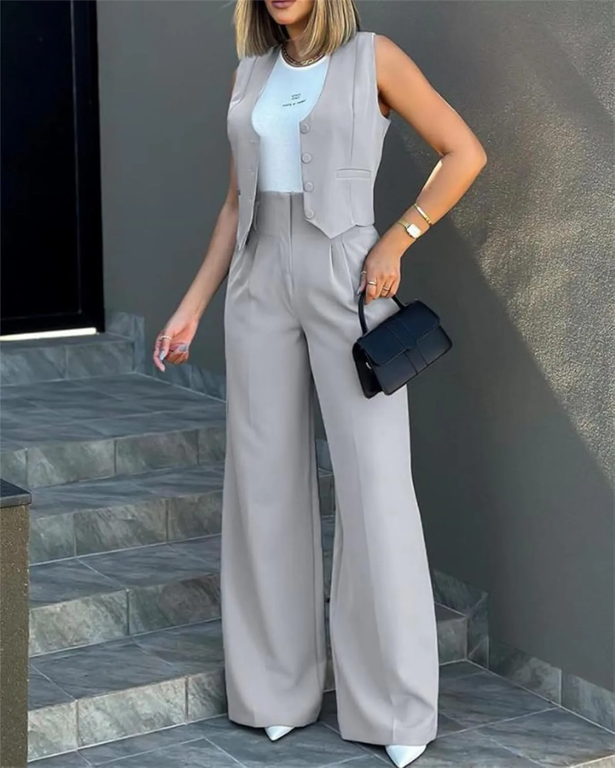 Blazer Sets Women 2 Piece Summer Sleeveless Cropped Vest Blazer Wide Leg Pants Work Office Business Casual Suit Sets