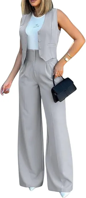 Blazer Sets Women 2 Piece Summer Sleeveless Cropped Vest Blazer Wide Leg Pants Work Office Business Casual Suit Sets