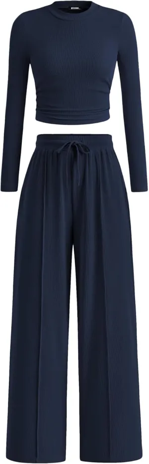 BTFBM Casual 2 Piece Sets For Women Spring Outfits 2025 Long Sleeve Crop Top Wide Leg Pants Summer Matching Lounge Set
