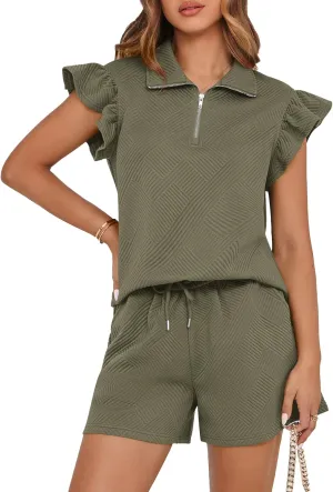 BTFBM Women's 2 Piece Outfits Sweatsuit Zipper V Neck Casual Ruffle Short Sleeve Tops and Drawstring Shorts Lounge Sets