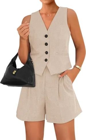 BTFBM Women's Blazer 2 Piece Outfits Summer 2025 Casual Business Clothes Sleeveless Button Down Vest Shorts Lounge Sets