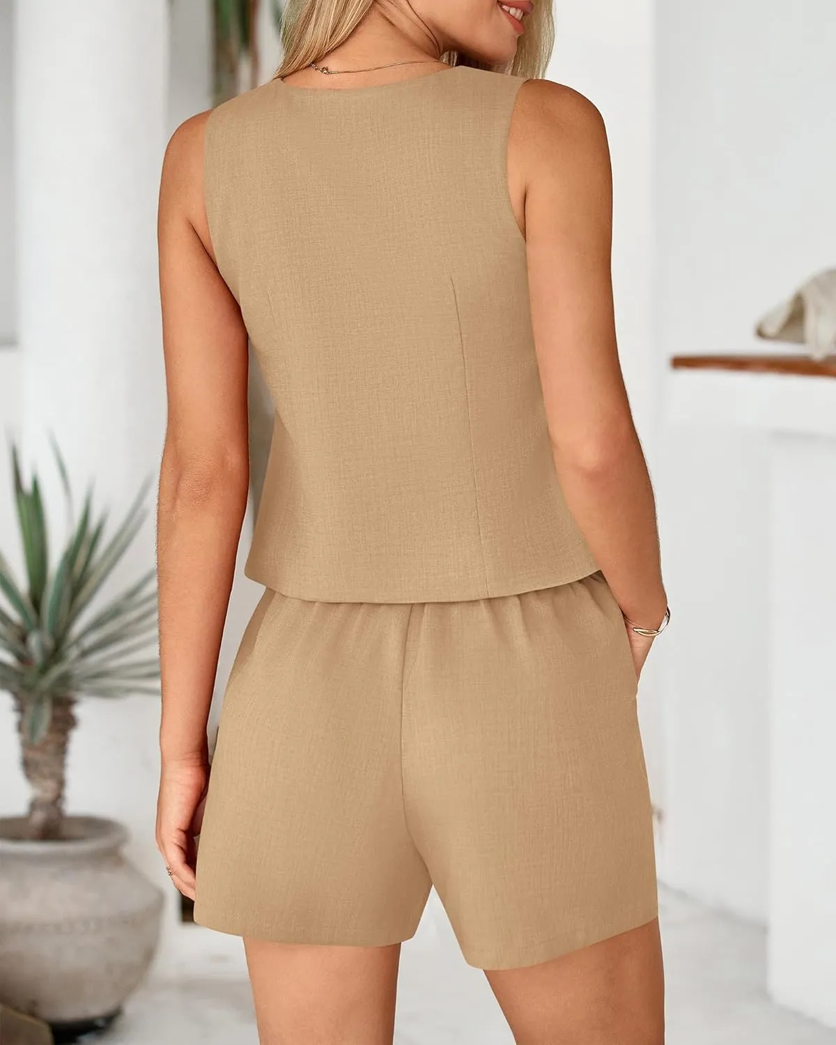 BTFBM Women's Blazer 2 Piece Outfits Summer 2025 Casual Business Clothes Sleeveless Button Down Vest Shorts Lounge Sets