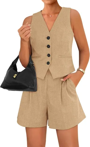 BTFBM Women's Blazer 2 Piece Outfits Summer 2025 Casual Business Clothes Sleeveless Button Down Vest Shorts Lounge Sets