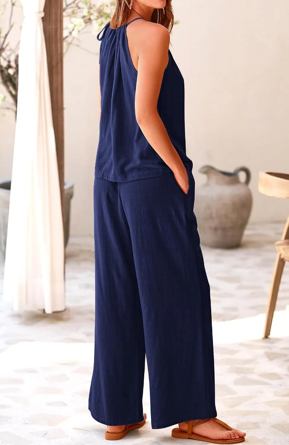 BTFBM Women's Casual Summer Two Piece Outfits Cotton Linen Sets Cutout Halter Sleeveless Top Wide Leg Pants Matching Set