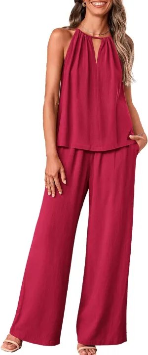 BTFBM Women's Casual Summer Two Piece Outfits Cotton Linen Sets Cutout Halter Sleeveless Top Wide Leg Pants Matching Set