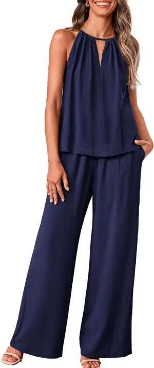 BTFBM Women's Casual Summer Two Piece Outfits Cotton Linen Sets Cutout Halter Sleeveless Top Wide Leg Pants Matching Set