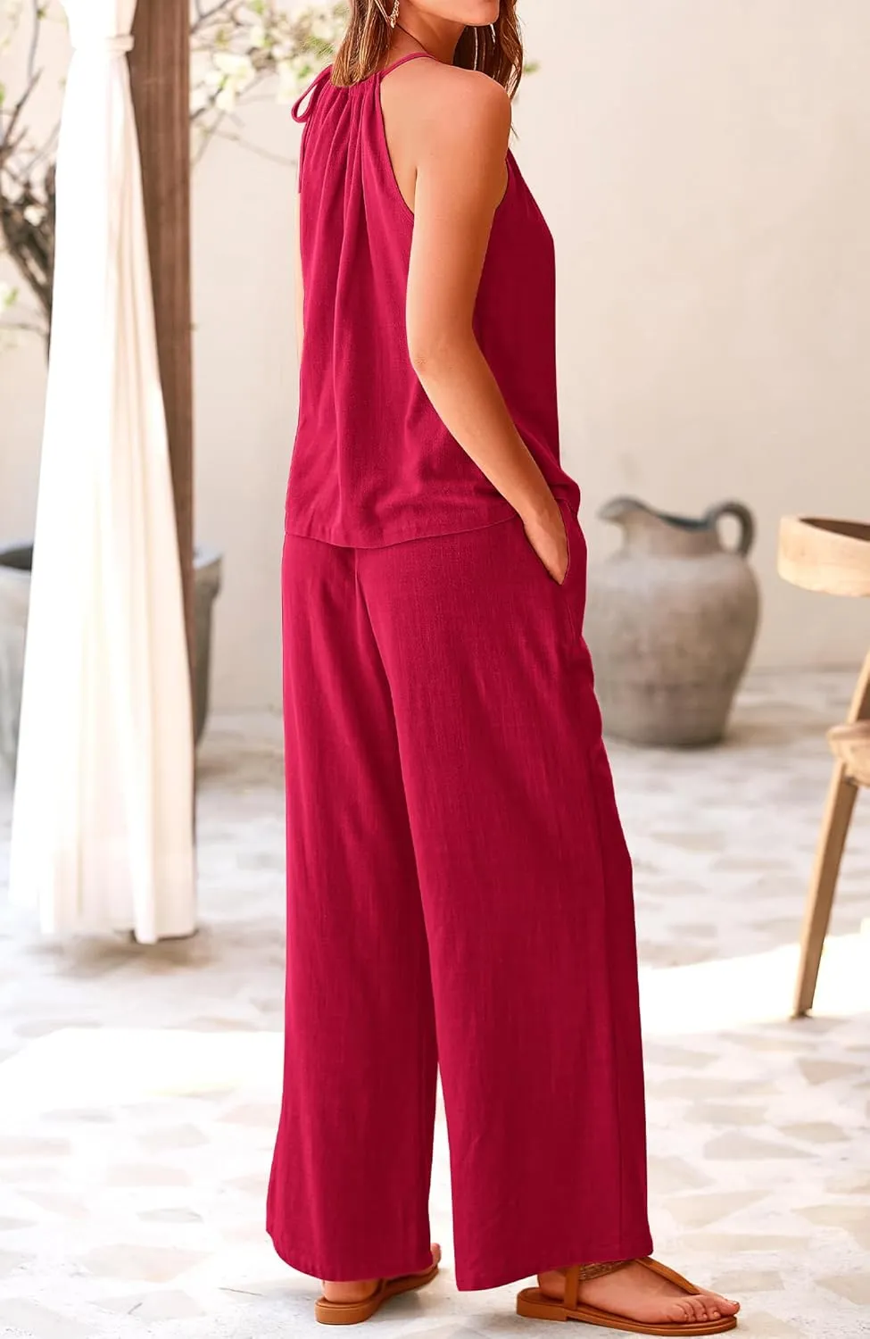 BTFBM Women's Casual Summer Two Piece Outfits Cotton Linen Sets Cutout Halter Sleeveless Top Wide Leg Pants Matching Set