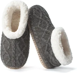 Cable Knit House Slippers for Women Indoor, Sherpa Fleece Lined Soft Loafer Shoes, Winter Warm Fluffy Bedroom Fuzzy Socks Non-slip Grippers, Cozy Gifts Unique