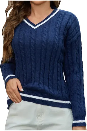 Cable Knit Sweater Women Casual Baggy Lightweight Vintage Pullover Sweater Vneck Fall Fashion Loose Preppy Jumper Top