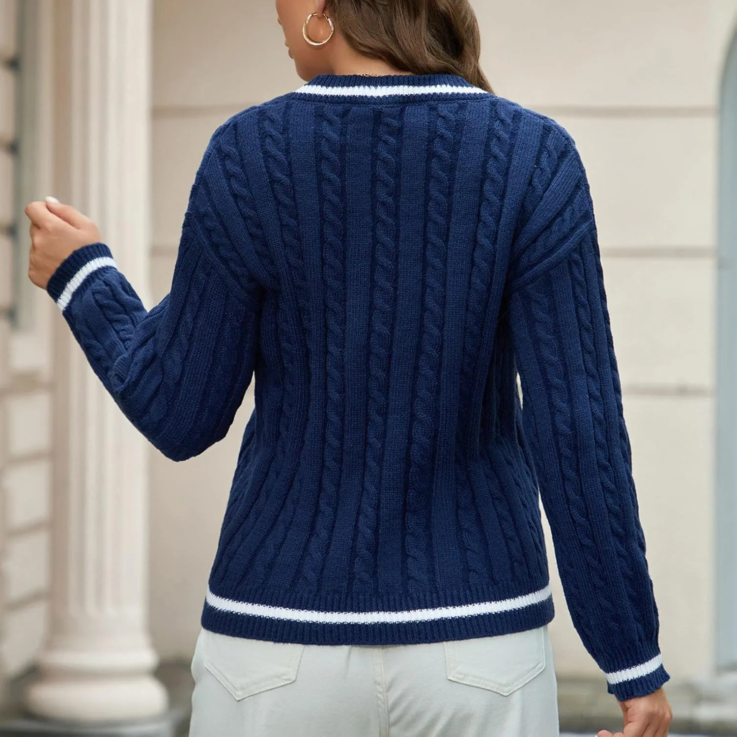 Cable Knit Sweater Women Casual Baggy Lightweight Vintage Pullover Sweater Vneck Fall Fashion Loose Preppy Jumper Top