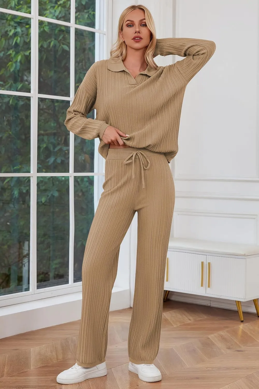 Cakulo Womens 2024 Lounge Sets 2 Piece Outfits Knit Sweater Matching Set Ribbed Wide Leg Loungewear Sweatsuits