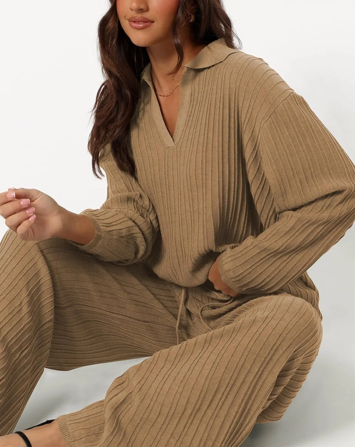 Cakulo Womens 2024 Lounge Sets 2 Piece Outfits Knit Sweater Matching Set Ribbed Wide Leg Loungewear Sweatsuits