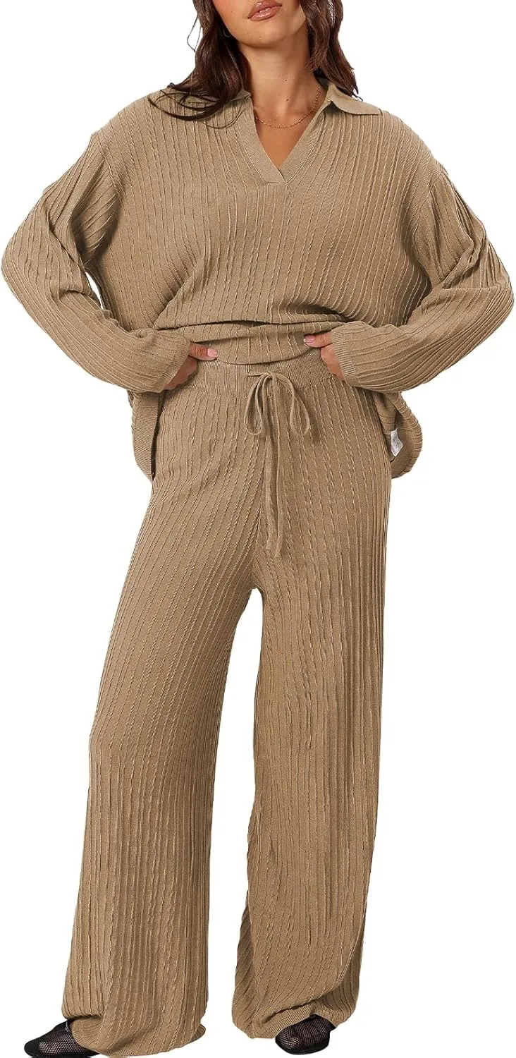 Cakulo Womens 2024 Lounge Sets 2 Piece Outfits Knit Sweater Matching Set Ribbed Wide Leg Loungewear Sweatsuits