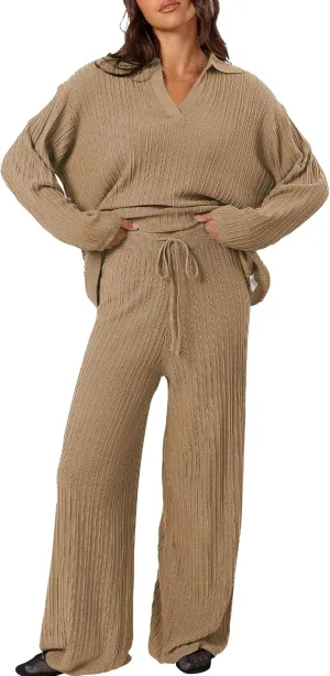 Cakulo Womens 2024 Lounge Sets 2 Piece Outfits Knit Sweater Matching Set Ribbed Wide Leg Loungewear Sweatsuits