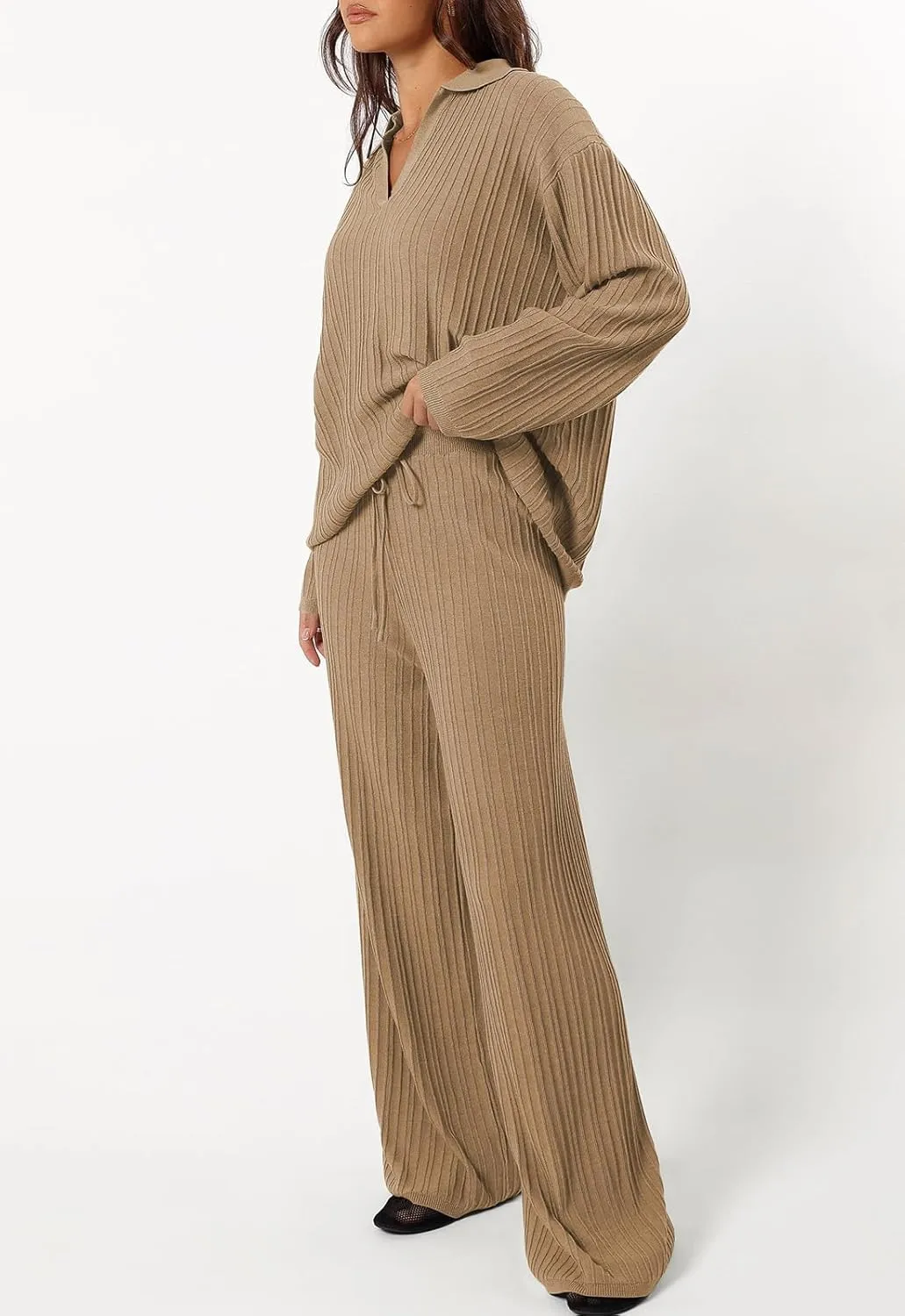 Cakulo Womens 2024 Lounge Sets 2 Piece Outfits Knit Sweater Matching Set Ribbed Wide Leg Loungewear Sweatsuits