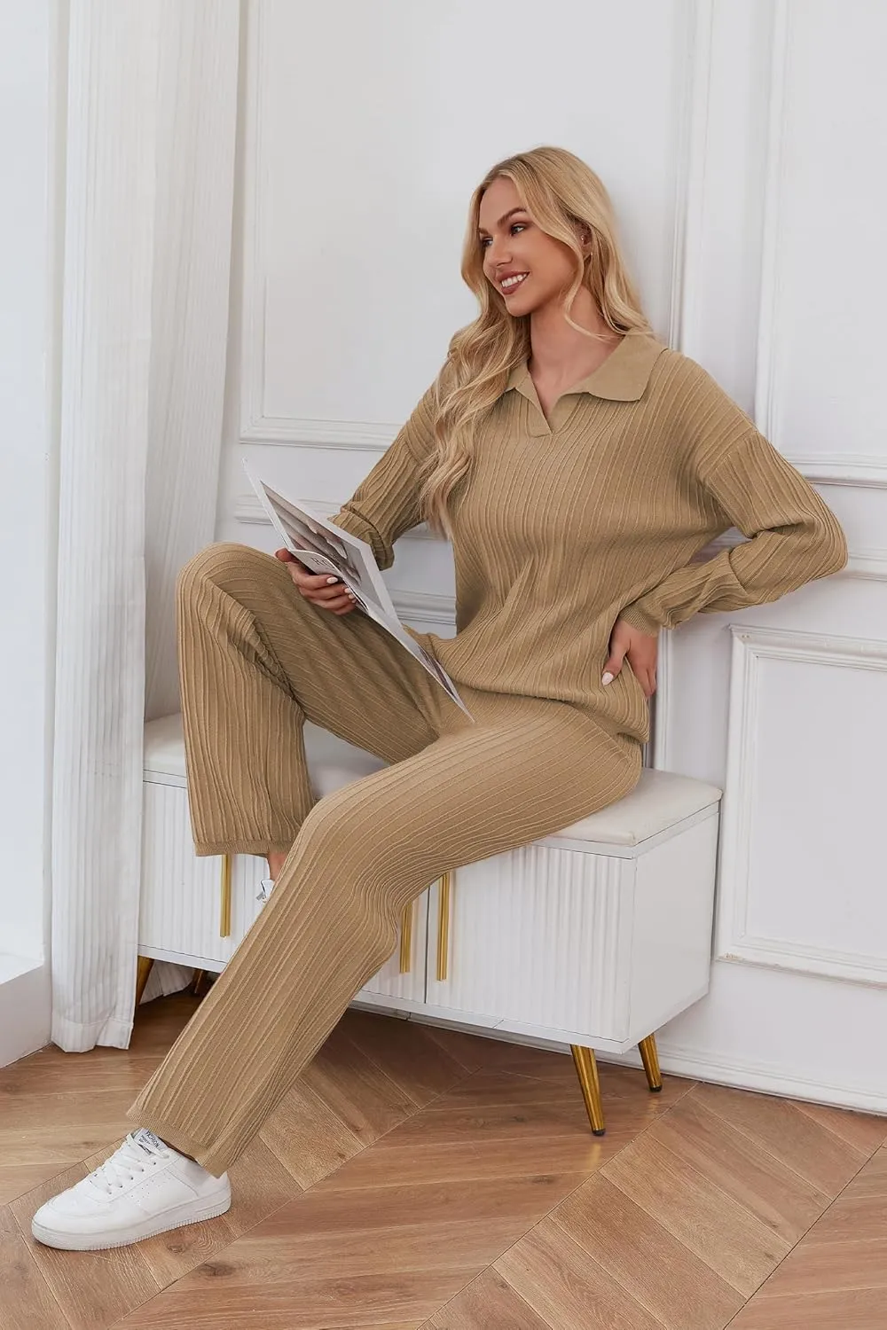 Cakulo Womens 2024 Lounge Sets 2 Piece Outfits Knit Sweater Matching Set Ribbed Wide Leg Loungewear Sweatsuits