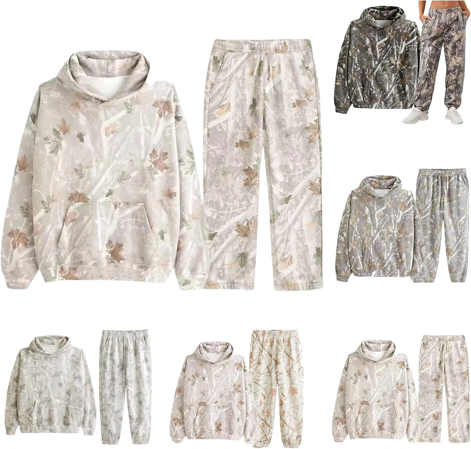 Camo Sweatsuits for Women Maple Leaf Print Oversized Hoodie Camo Fleece Sweatpans Lounge Sets Fall Winter Outfits